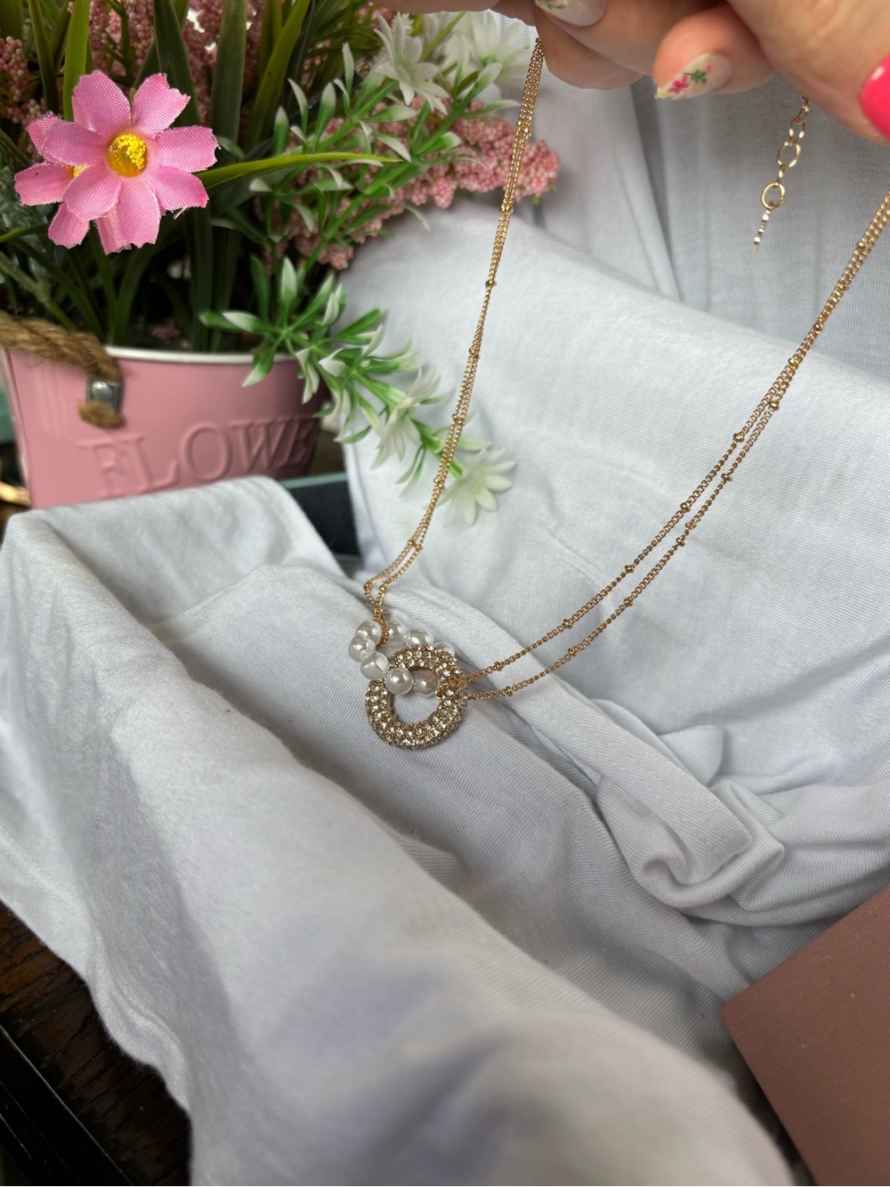 Park Lane Gold-Tone Crystal Circle Necklace with Pearl Cluster - Picture 2 of 4